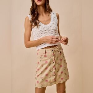 SO ME Floral Rose Print Cotton Twill Scallop Retro Mini Skirt Floral